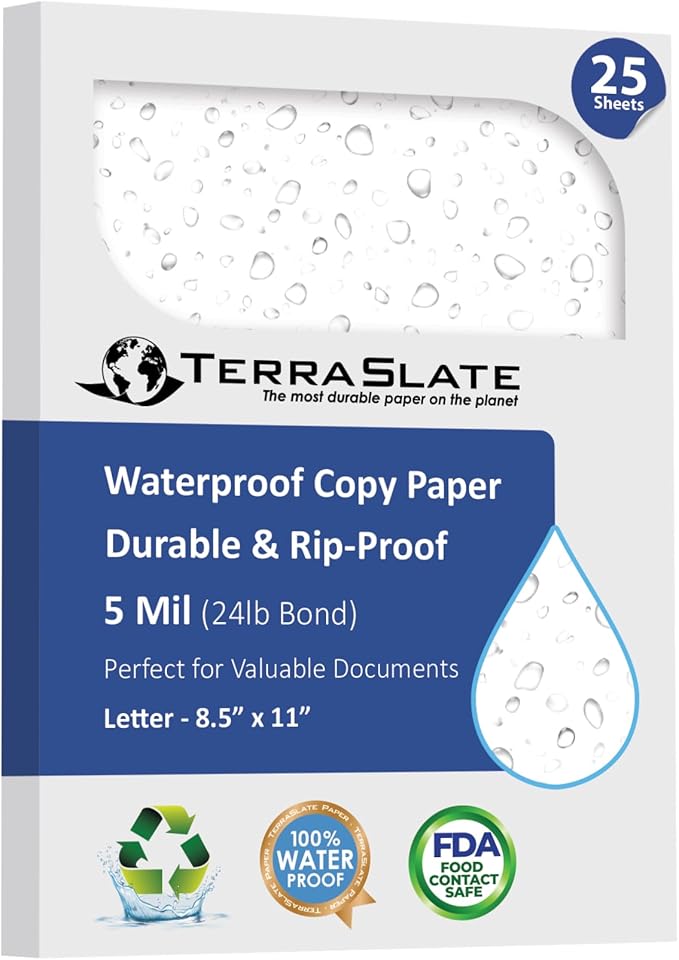 TerraSlate Premium Waterproof Paper, 5 MIL 8.5” x 11”, Laser Printer & Copy Machine Compatible, Durable & Rain/Weather-Proof Copy Paper, White Paper (25 Sheets)