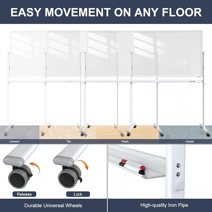 Mobile Clear Glass Whiteboard, 48 x 32 Inches Standing White Board on Wheels, Large Rolling Dry Erase Board with Stand, Transparent Tempered Glass Board for Office Home School, with Chart Paper