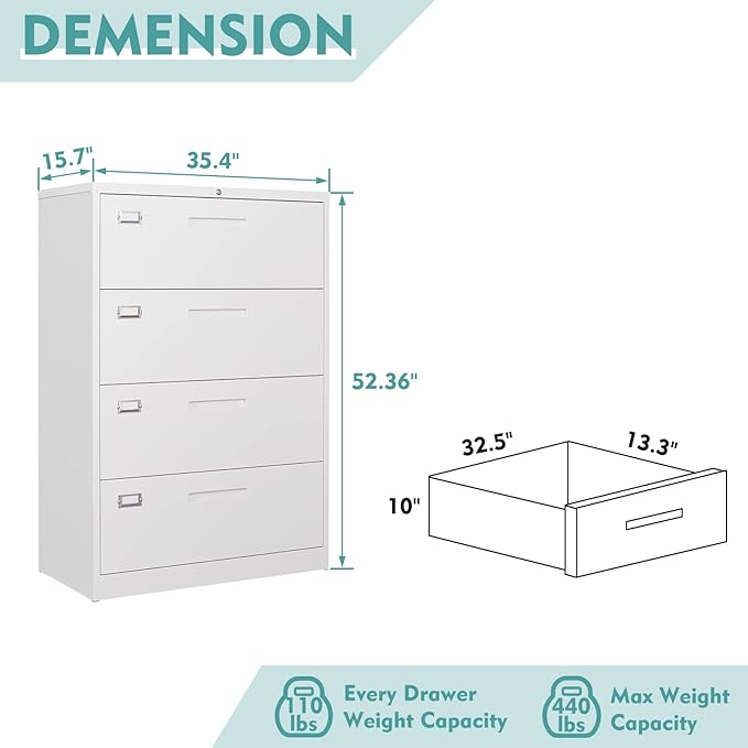 MIIIKO 4 Drawer Lateral File Cabinet with Lock, Black Office Filing Cabinet with Lock, Metal Horizontal Storage Cabinet with Large Drawers for Hanging Letter Legal File Folders