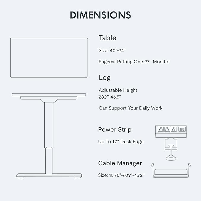 FLEXISPOT EN2 Whole-Piece Standing Desk with Clamp Power Strip, 40 x 24 Electric Stand Up Height Adjustable Desk with Cable Management (White Frame + 40" White Top)