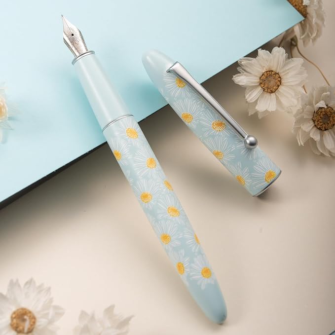 HONG DIAN C3 Fountain Pen, Iridium Fine Soft Nib Chinese Knot Carving, Light Blue & Little Daisy Painting Design with Metal Box Set