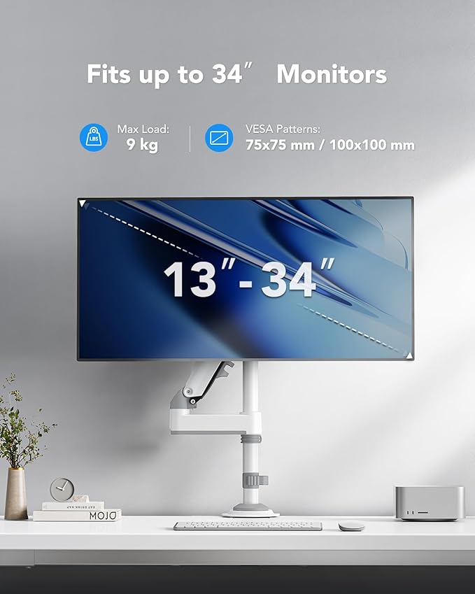 HUANUO Single Monitor Arm, Adjustable Desk Mount for 13-34 inch Screens, Holds 19.8lb, 22.44 inch Max Height, Full Motion Swivel Monitor Stand with VESA 75x75mm and 100x100mm, White