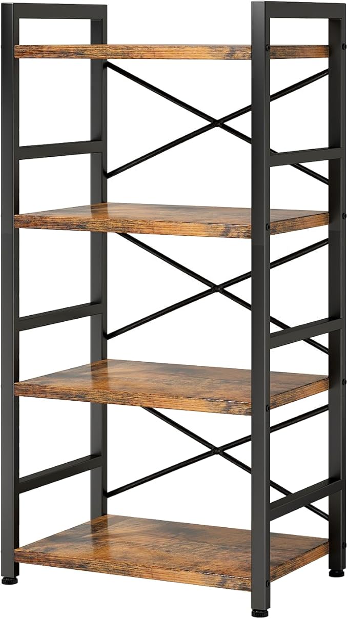 Homeiju Bookshelf, 4 Tier Small Bookcase, Organizers and Storage, Metal Small Bookcase, Rustic Book Shelf Organization and Storage for Living Room, Bedroom, and Home Office(Rustic Brown)