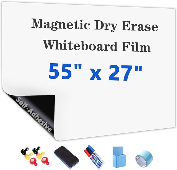 Magnetic Dry Erase Whiteboard Paper with Adhesive, 55" x 27" White Board Film for Wall, Easy to Write and Clean Dry Erase Board for Office, Classroom, Home, Include Marker, Magnetic Eraser and Magnets