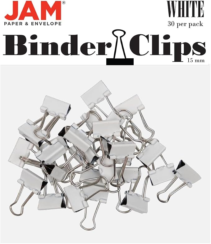 JAM PAPER Colorful Binder Clips - Extra Small - 3/5 Inch (15 mm) - White Binderclips - 30/Pack