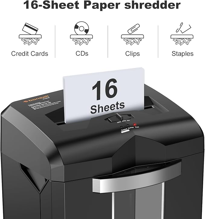 Bonsaii 16-Sheet Microcut Paper Shredder, 60-Minute Home Office Heavy Duty Shredder for CD/Credit Card, P-4 Level with 6-Gal Pullout Bin (C149-D)