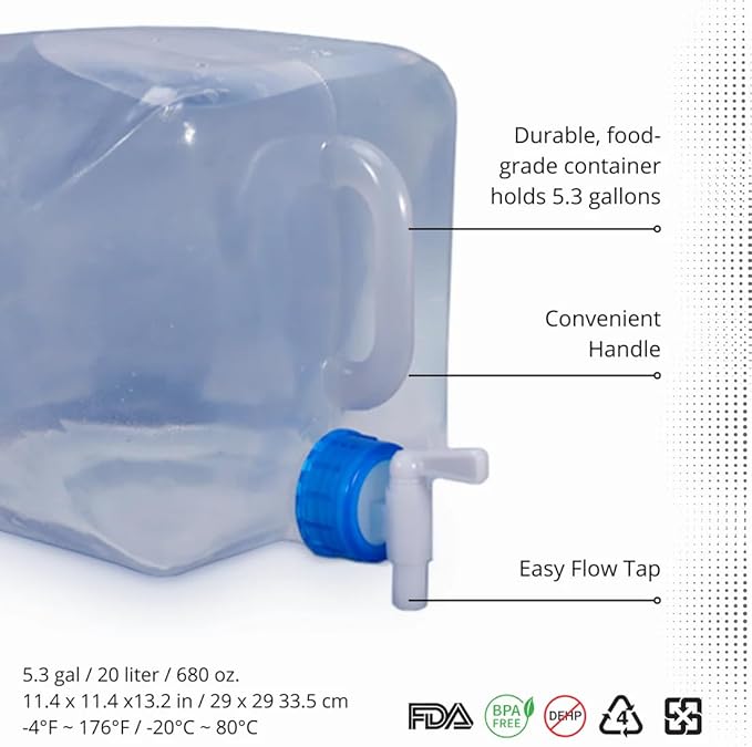 EvaClean Collapsible Water Containers with Spigot 5.3 Gal - Portable, Reusable - BPA Free, Foldable, Leak-Proof Camping Water Jug for Outdoors, Hiking, Survival Kit, and Emergency Preparedness 2-pack