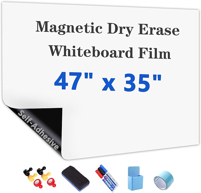 Magnetic Dry Erase Whiteboard Paper with Adhesive, 47" x 35" White Board Film for Wall, Easy to Write and Clean Dry Erase Board for Office, Classroom, Home, Include Marker, Magnetic Eraser and Magnets