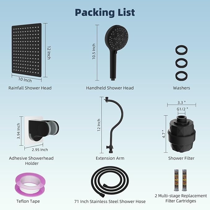 Hibbent All Metal 12'' Dual Filtered Rainfall Shower Head Combo, High Pressure Handheld Shower Head with 12'' Adjustable Curved Extension Arm, 20 Stage Shower Filter, 10-spray, 71'' Hose, Matte Black