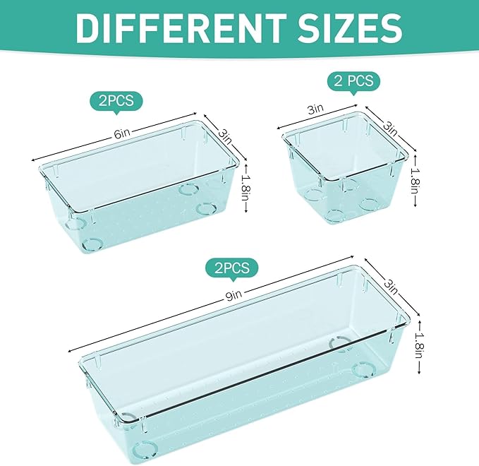 WOWBOX 6 Pack Clear Drawer Organizer Set, Acrylic Drawer Storage Trays, Storage Bins for Makeup, Cosmetics, Jewelries, Utensils, Gadgets, Office, Sea Blue