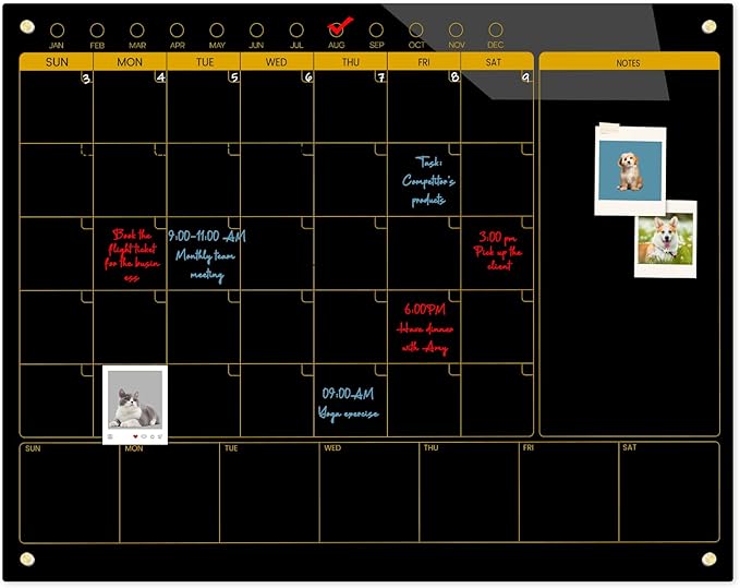 Magnetic Glass Blackboard Calendar 48"x36" Monthly Glass Dry Erase Board for Wall Planner GlassBlack Board Calender Wall Mounted for Office School Home(Black)