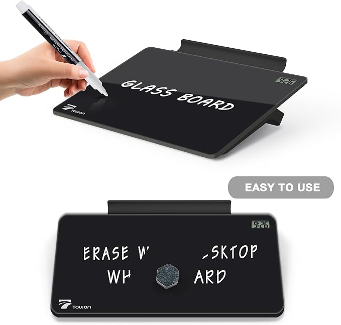 TOWON Small White Board for Desk with Clock, Small Desktop Whiteboard Glass with Pen Holder, Time Reminder Dry Erase Board, Whiteboard for Desk, Digital LCD Display, for Home Office, Black, 8 x 6 in