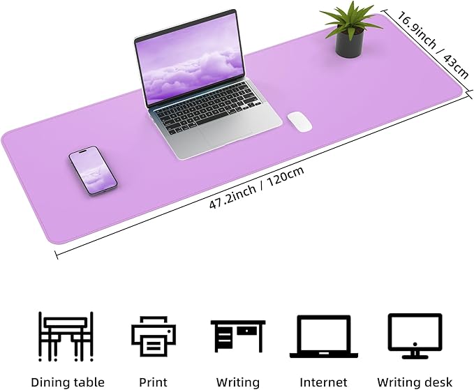 Leather Desk pad Protector, Large Desk mat with Natural Cork & PU Leather,Mouse pad,Non-Slip Office Desk Mat,Waterproof Desk Writing Pad for Office and Home (47in*17in, Purple)