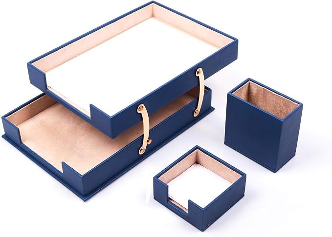 MOOGCO Bonded Set Luxury Leather Desk Pad & Desk Organization Essentials Desk Organizer Leather Desk Organizer (Blue)
