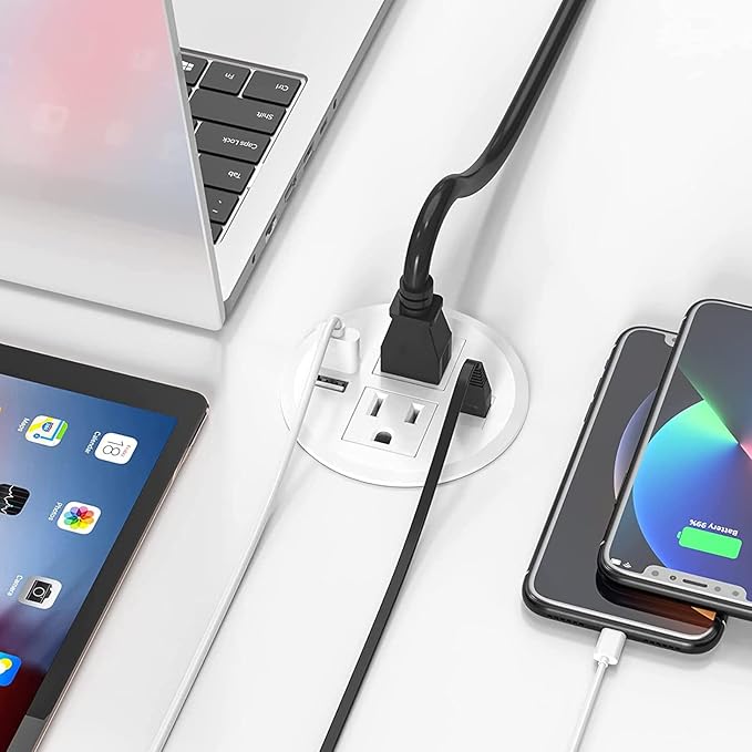 Power Grommet 3 Inch for Desktop, Recessed Desk Outlet with 2USB, 2 AC, 1 Network RJ45 Port & 10Ft Cord, Flush Mount Power Strip Table Power Hub for Countertop, Office, Furniture(White)