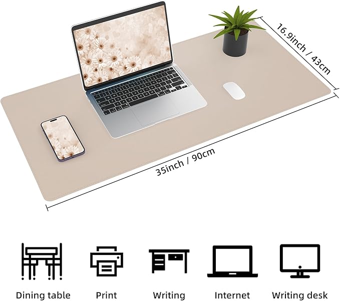 Leather Desk pad Protector, Large Desk mat with Natural Cork & PU Leather,Mouse pad,Non-Slip Office Desk Mat,Waterproof Desk Writing Pad for Office and Home (35in*17in,Beige)