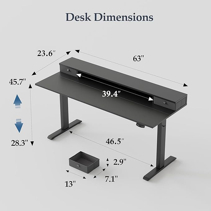 Klicelor 63 Inch Electric Standing Desk with Drawers, Adjustable Height Small Sit Stand Desk for Home Office, Compact Computer Workstation with Storage– Black