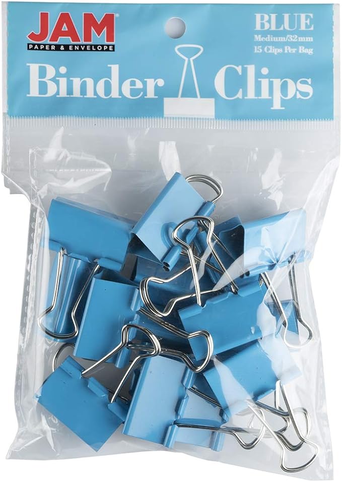 JAM PAPER Colorful Binder Clips - Medium - 1 1/4 Inch (32 mm) - Blue Binderclips - 15/Pack