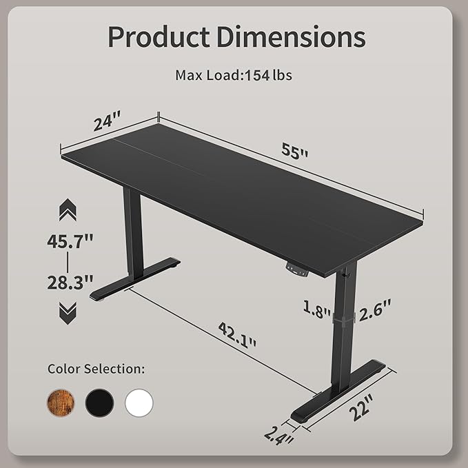 Agilestic Electric Standing Desk, 55 x 24 Inches Height Adjustable Desk, Sit Stand up for Work Office Home, Ergonomic Rising Gaming Computer Table with Memory Preset, Black
