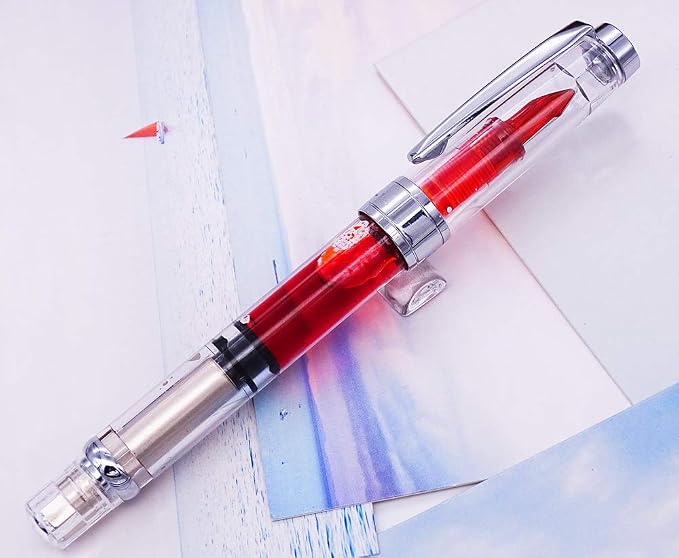 Lanxivi 4 x Yongsheng 3008 Fountain Pen Upgrated Fine Nib,Silver Trim,Piston Filling, Transparent