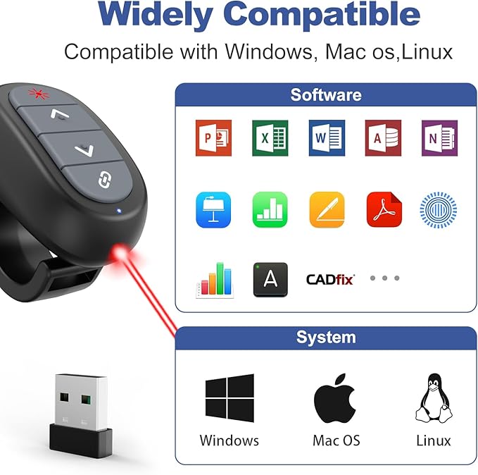 (2 Units) Presentation Clicker PowerPoint Wireless Presenter Remote: Laser Pointer Finger Ring Computer Project Power Point PPT Clicker for Laptop Office, Slideshow Google Slide Advancer Rechargeable