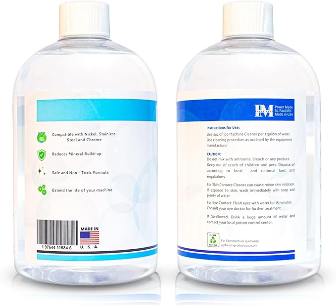 Ice Machine Cleaner & Descaler 16 fl oz 4 Uses | Nickel Safe Ice Maker Cleaner, Crystal Clear Descaling solution | Compatible with Whirlpool, Scotsman, Manitowoc & Follet | Made in USA
