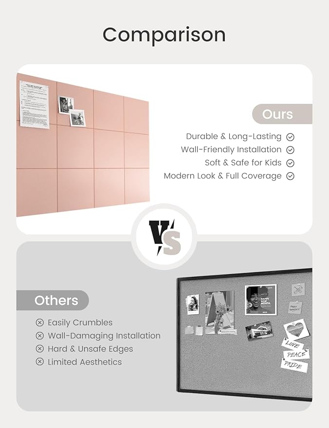 Bumusty Large Cork Board 47"x35" Alternative - 12 Pack Felt Wall Tiles with 70 Safe Removable Adhesive Tabs, 30 Pushpins, Cork Boards for Walls Pin Board Bulletin Board Office Decor (Pink)