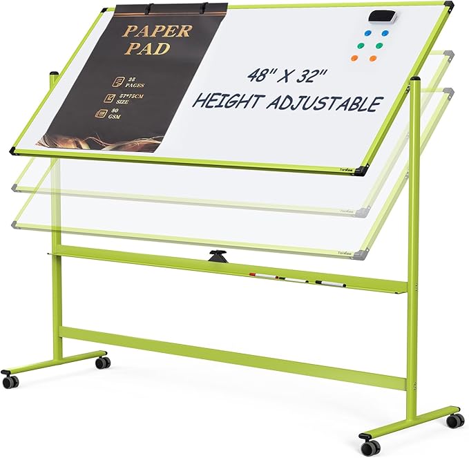 Rolling Whiteboard, 48x32 Inches Mobile Whiteboard on Wheels, Magnetic Dry Erase Board with Stand, Standing White Board for Office, School, Home, Large Double Sided White Board with Paper Pad