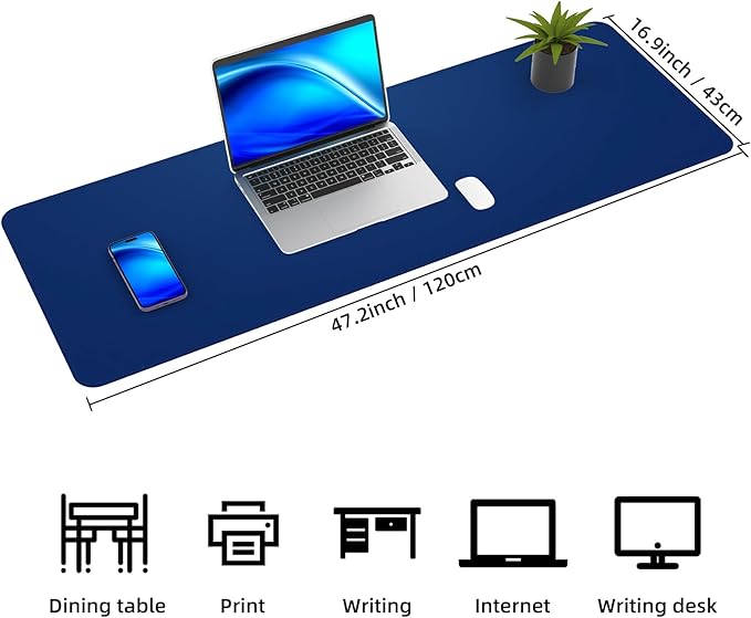 Leather Desk pad Protector, Large Desk mat with Natural Cork & PU Leather,Mouse pad,Non-Slip Office Desk Mat,Waterproof Desk Writing Pad for Office and Home (47in*17in, Sapphire Blue)