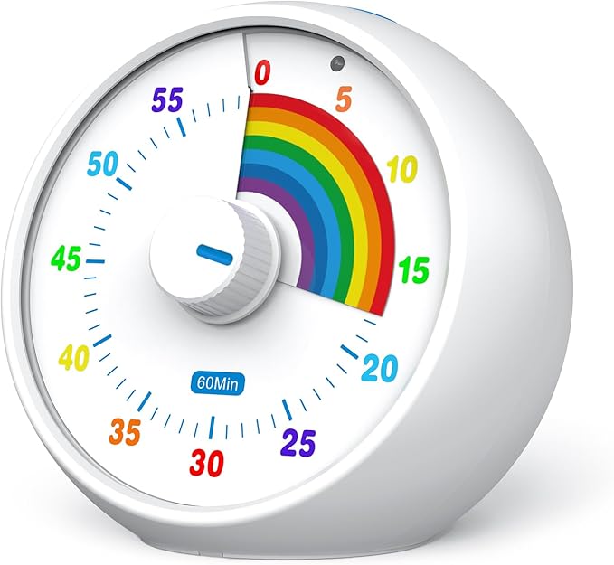 Visual Timer for Kids, 60-Minute Countdown for Classroom Office Kitchen, Desk Timer Kids Time Management Tools with Silent Operation, Pomodoro Timer Rainbow Pattern(White)
