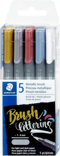 STAEDTLER Metallic Brush Pens, 5ct, 1-6mm Brush Tip, Assorted Colors, Opaque Ink that Writes on Light and Dark Paper; For Calligraphy, Hand Lettering, Scrapbooking, Cardmaking, and Crafts