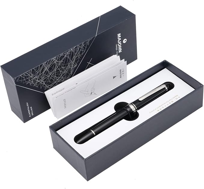 erofa Majohn P136 Piston Fountain Pen Medium Nib with Box, Black Resin Writing Pen Set