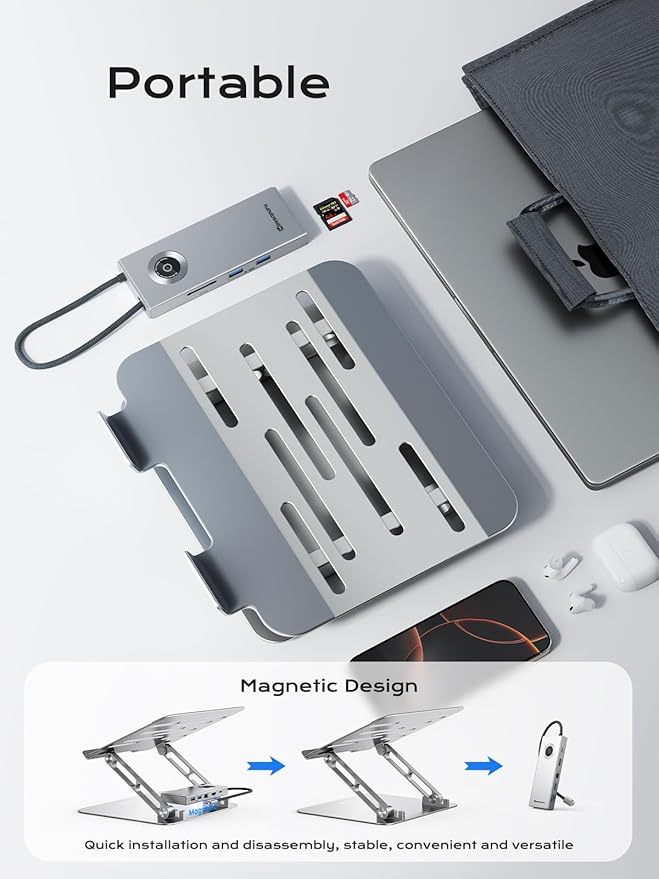 minisopuru USB C Laptop Docking Station Stand with 4K HDMI, 100W PD, Docking Station for MacBook Pro/Air/Dell/HP/Surface, Adjustable Laptop Stand for 10-17" Laptops & Tablet(4 USB A, RJ45, SD3.0)
