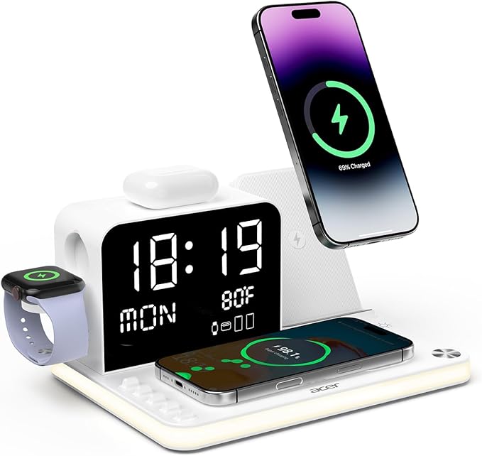Acer 7-in-1 Wireless Charging Station with LED Clock - 30W Fast Wireless Charger for iPhone 16/15/14/13/12/Pro Max, Apple Watch, AirPods - Bluetooth Auto Time Sync & Night Lights (White)