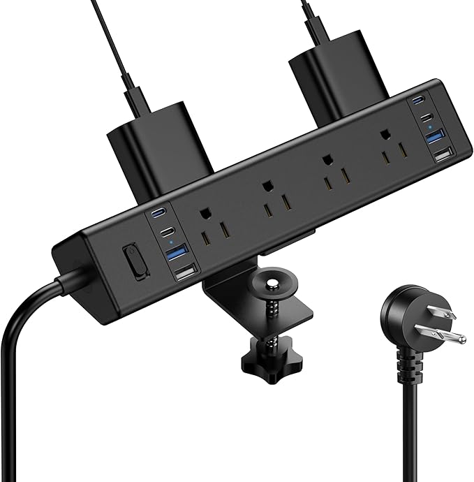 40W Fast Charging Station,Desk Clamp Power Strip 20W USB C,8 Outlets,8 USB Ports,4 USB C and 4 USB A, Office Furniture Nightstand Edge Mount Surge Protector, 14AWG Cord, Fits 1.9" Tabletop Edge