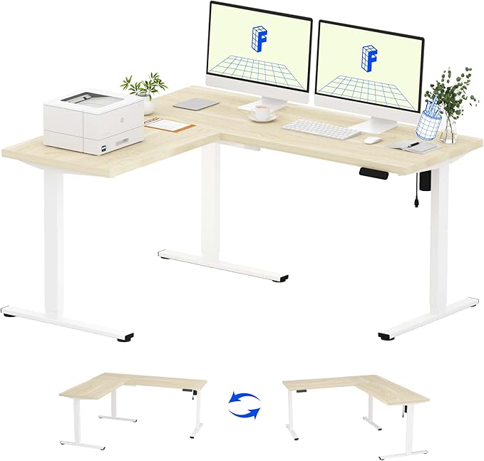 FLEXISPOT L Shaped Standing Desk, 63 x 55 Inch Electric Height Adjustable Corner Desk, Sit Stand Computer Workstation, Preset Controller, Home Office, White Frame with Maple Top