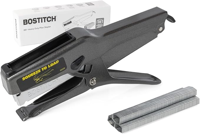 Bostitch Office B8 Plier Heavy Duty Stapler with 1250 1/4" Staples - Full Strip Metal Bostitch Stapler for Cardboard, Paper and Fabric (45 Sheet Capacity)