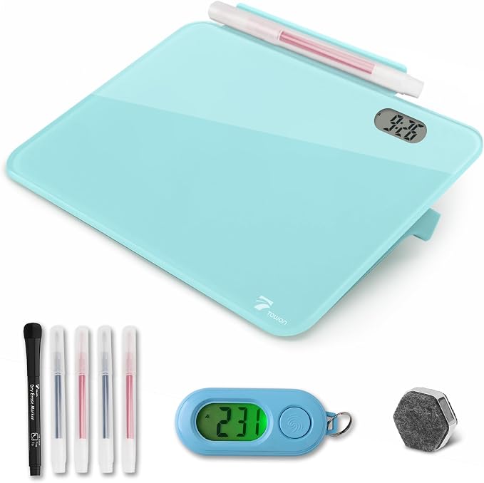 Small Glass Desk Whiteboard Dry-Erase Board with Clock, Small Travel Clock Keychain with Desk Notepad, Time Table Whiteboard for Desk Digital LED Light Display, 8x6 in with Accessories, Aqua Blue