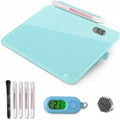 Small Glass Desk Whiteboard Dry-Erase Board with Clock, Small Travel Clock Keychain with Desk Notepad, Time Table Whiteboard for Desk Digital LED Light Display, 8x6 in with Accessories, Aqua Blue