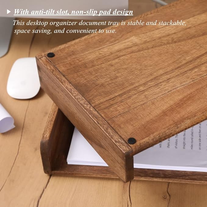 DDYURI Desktop File Trays Stackable Paper Tray for Letter/A4 Size Magazine - Wood Office Document Organizer Shelf - Wooden Folder Organization Rack Desk Tray Pack of 2 Dark(2CTP-DK)