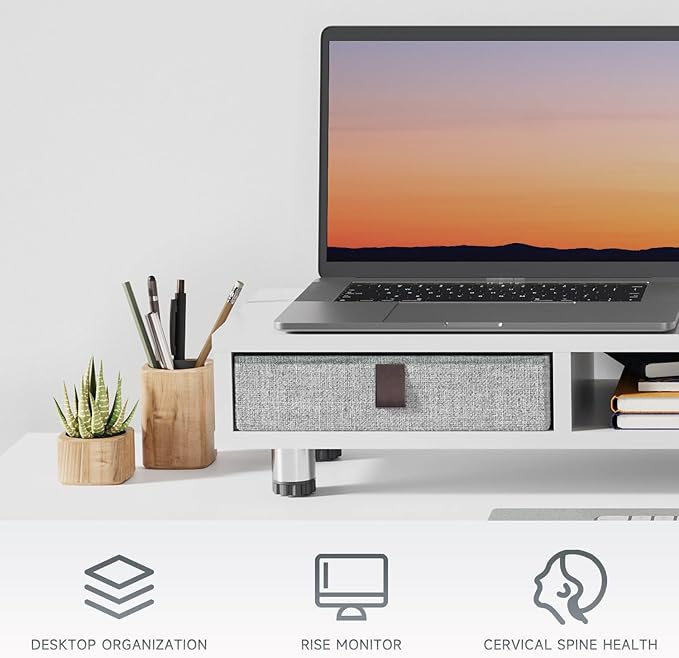 Fenge Dual Monitor Stand with 2 Drawers, 42.5 Inches Large Computer Riser for Desk, Adjustable Height Desk Shelf with Storage for Laptop, PC, TV, Printer