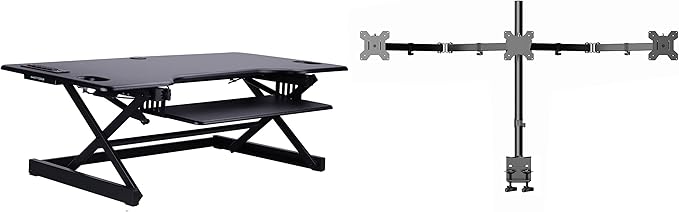 Rocelco 46" Standing Desk Converter with AC USB Charger and Triple Monitor Mount Arm - Height Adjustable Sit Stand Up Three Screen Riser Workstation - Keyboard Tray - Black (R DADRB-46-ACUSB-DM3)