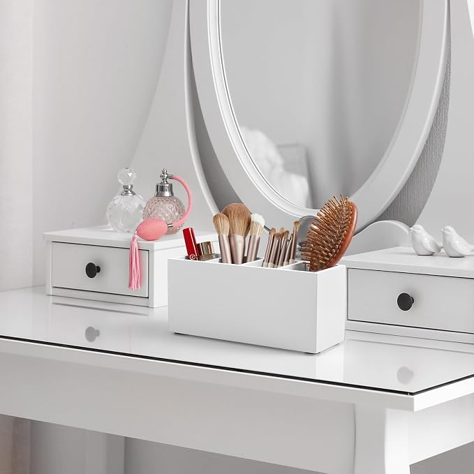 Bivvclaz Pencil Pen Holder for Desk, Wooden Office Desk Organizers and Accessories with 4 Slots for Countertop, Makeup Brush Holder Organizer for Bathroom Vanity, Silverware Caddy for Party, White