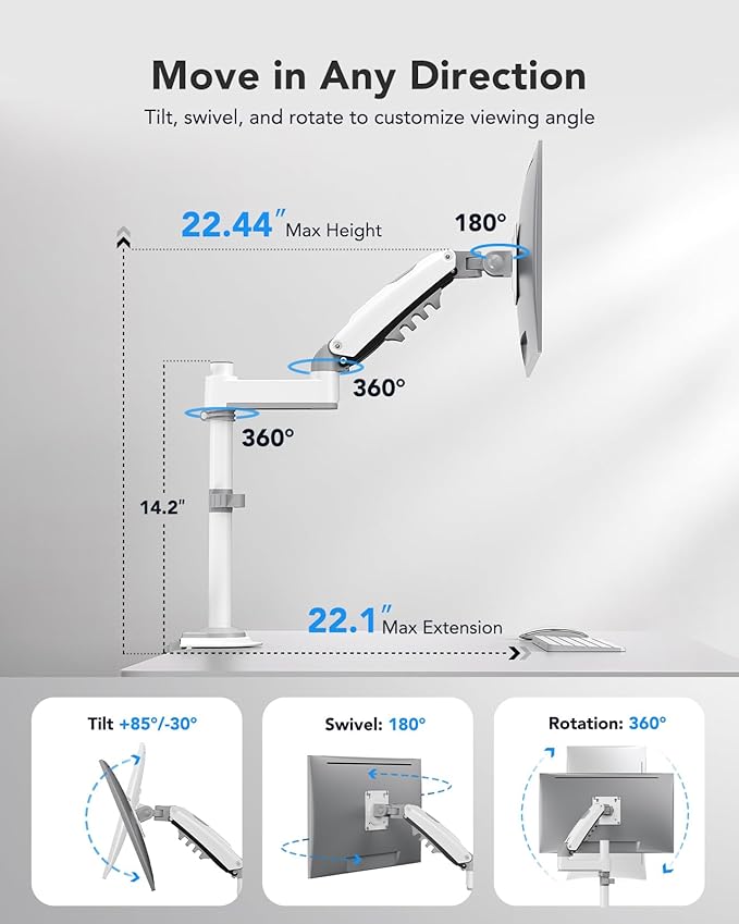 HUANUO Single Monitor Arm, Adjustable Desk Mount for 13-34 inch Screens, Holds 19.8lb, 22.44 inch Max Height, Full Motion Swivel Monitor Stand with VESA 75x75mm and 100x100mm, White