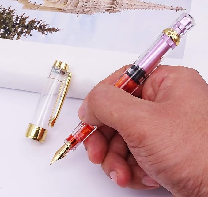 Lanxivi 4 Colors Yongsheng 3008A Fountain Pen Piston Filling Upgraded Fine Nib,Transparent Gold Trim