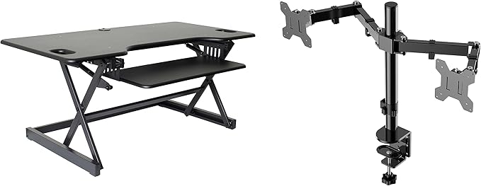 Rocelco 46" Large Height Adjustable Standing Desk Converter with Double Monitor Mount Arm BUNDLE - Quick Sit Stand Up Computer Workstation Riser - Retractable Keyboard Tray - Black (R DADRB-46-DM2)