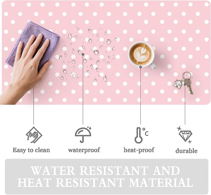 White Polka Dot Leather Desk Mat Extended Gaming Mouse Pad | Non-slip Large Writing Pad Laptop Blotter Computer Keyboard Mat | Cute Pink Desk Protector for Home Office 31.5" x 15.7"