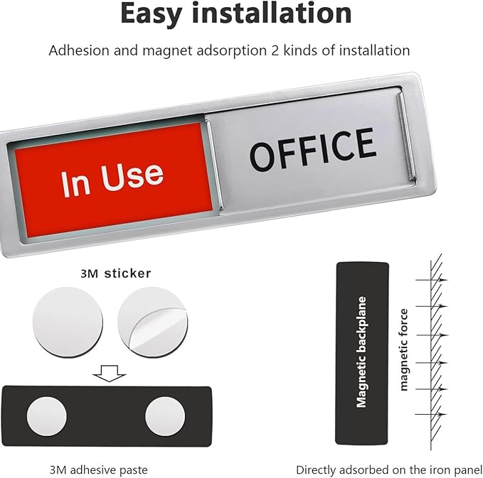 Office In Use/Available Magnetic Door Sign - 7"x2" Privacy Slider, Non-Scratch Status Indicator for Conference Rooms, Home Offices, Restrooms - Silver