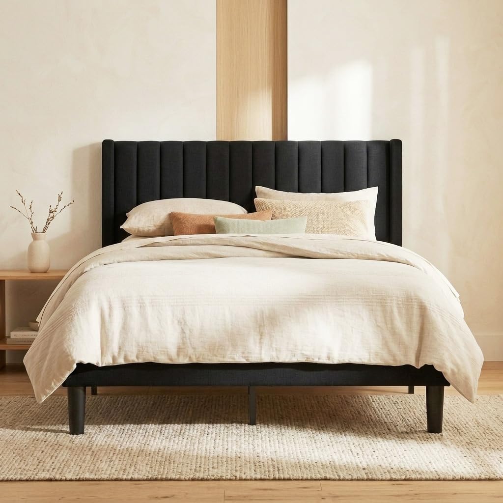 Queen Modern Upholstered Platform Bed Frame with Headboard, Black