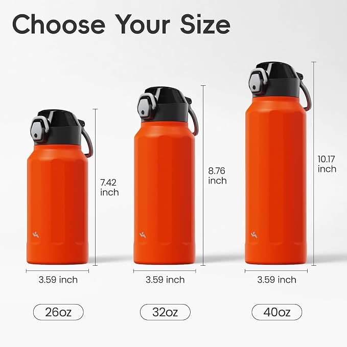 Konokyo FLOWPLAY 32oz Locking Push-Button Water Bottle with Silicone Spout,Leak-Proof,18/8 Stainless Steel Double-Wall Vacuum Insulated for Sports and Travel,BPA-Free,Orange